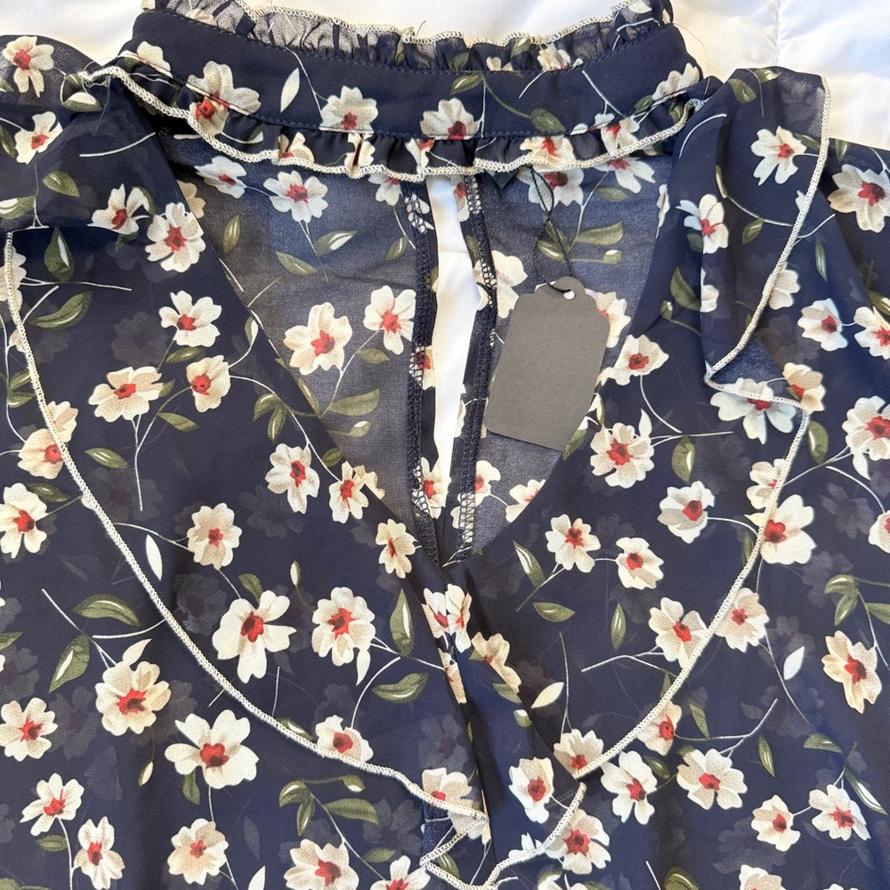 POL Navy Floral Ruffle Sheer Blouse Women’s Large Boho Romantic Cottagecore NWT - Picture 2 of 10